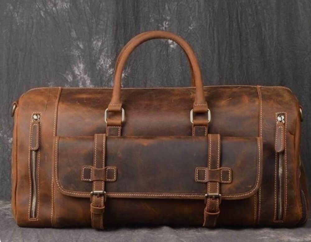 Distressed Leather Travel Weekender Duffle Bag 25” Monogram JH